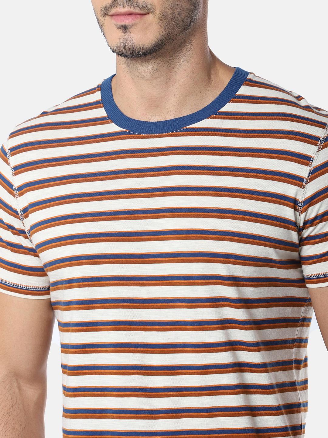 Cream Striped Slim Fit Crew Neck T-Shirt