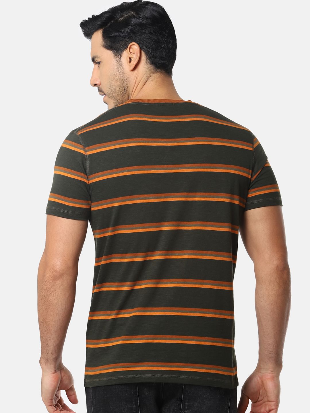 Olive Green Striped Crew Neck T-Shirt