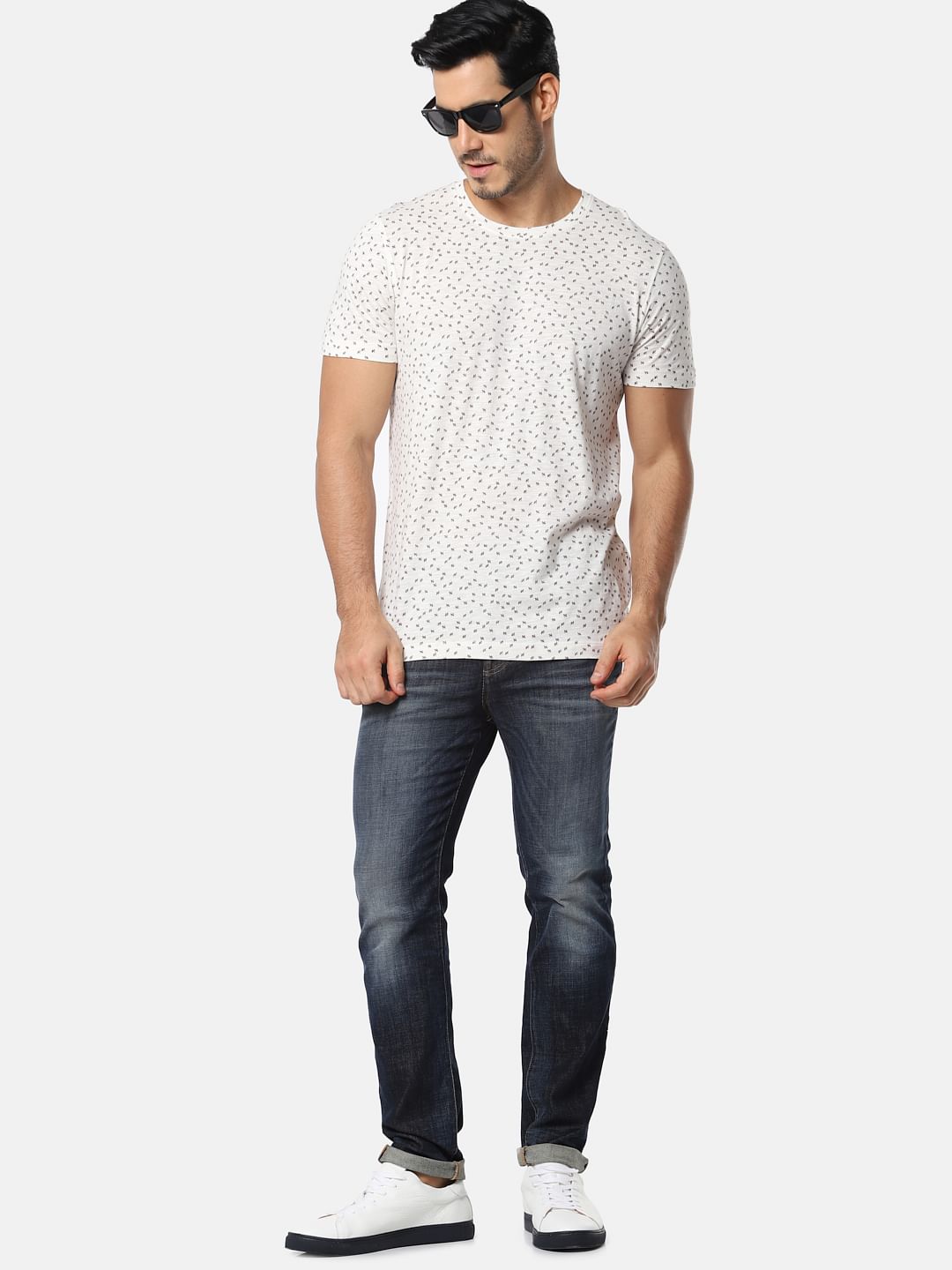 White All Over Print Slim Fit Crew Neck T-Shirt