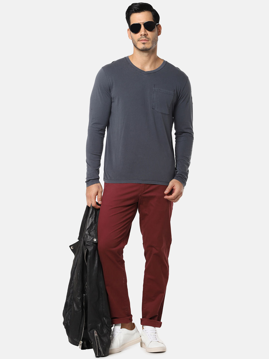 Grey One Pocket Slim Fit V-Neck T-Shirt