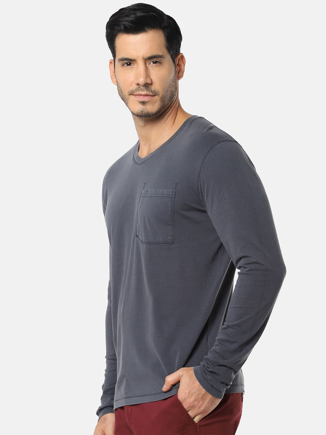 Grey One Pocket Slim Fit V-Neck T-Shirt