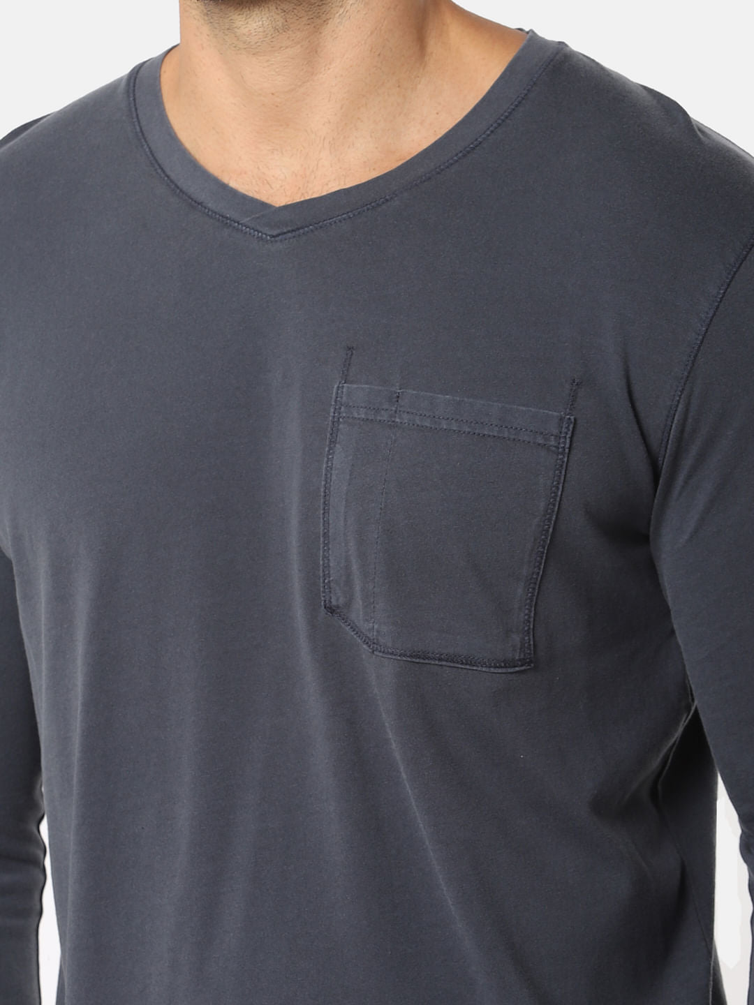 Grey One Pocket Slim Fit V-Neck T-Shirt
