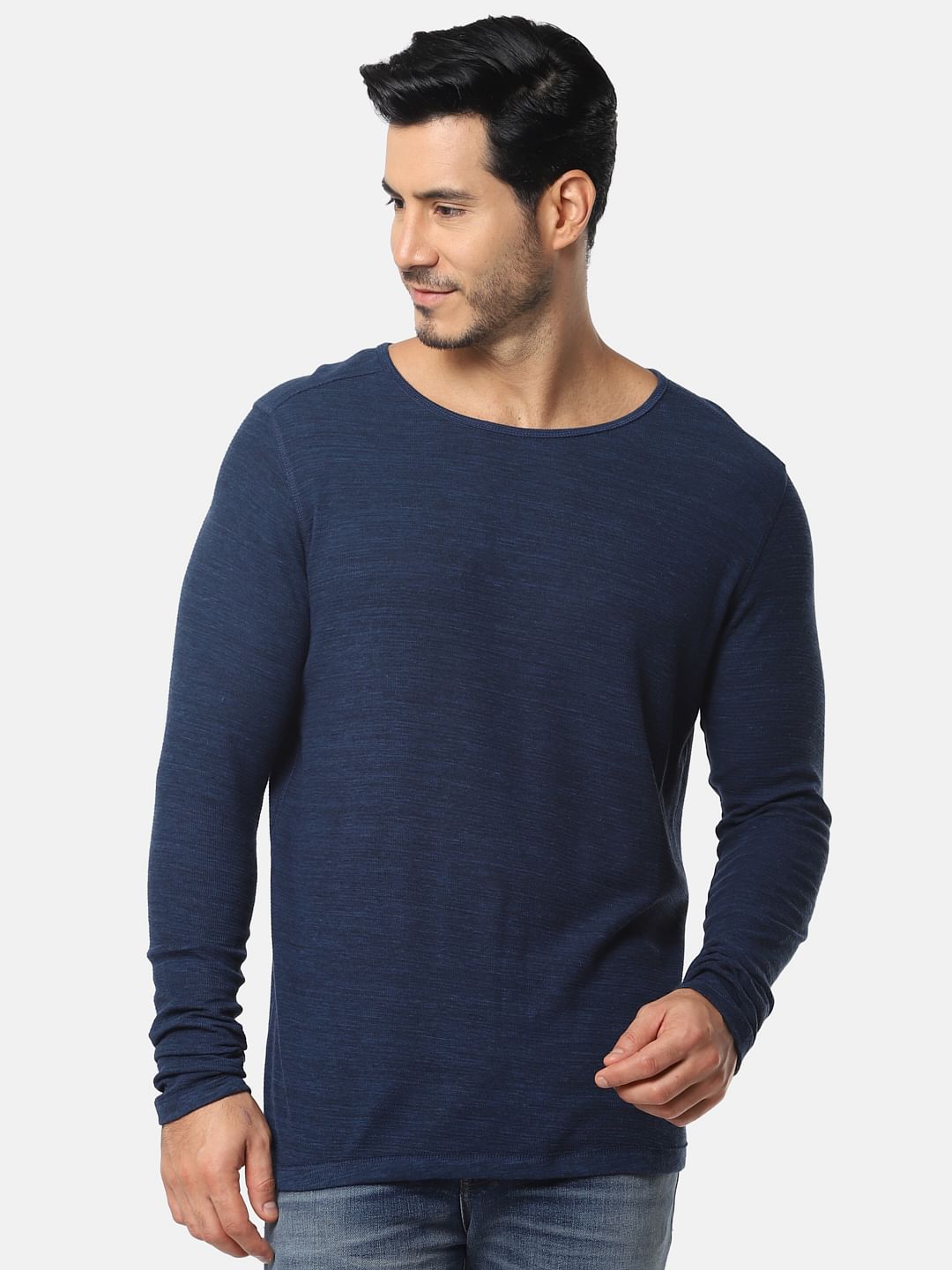 Dark Blue Full Sleeves Crew Neck T-Shirt