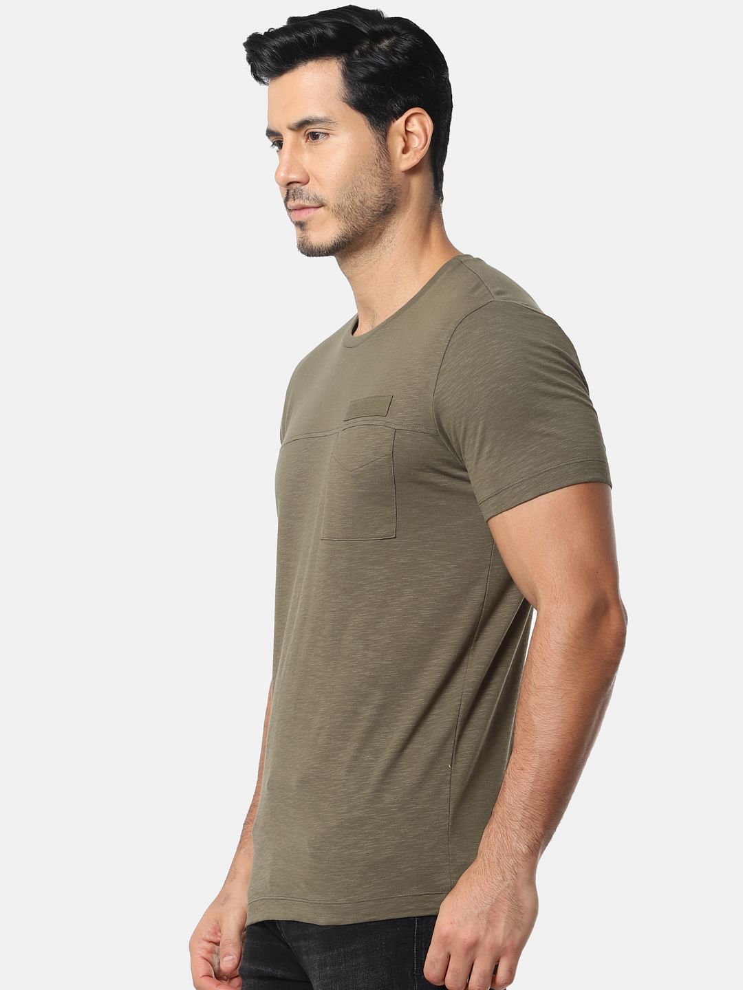 Olive Green Pocket Slim Fit Crew Neck T-Shirt