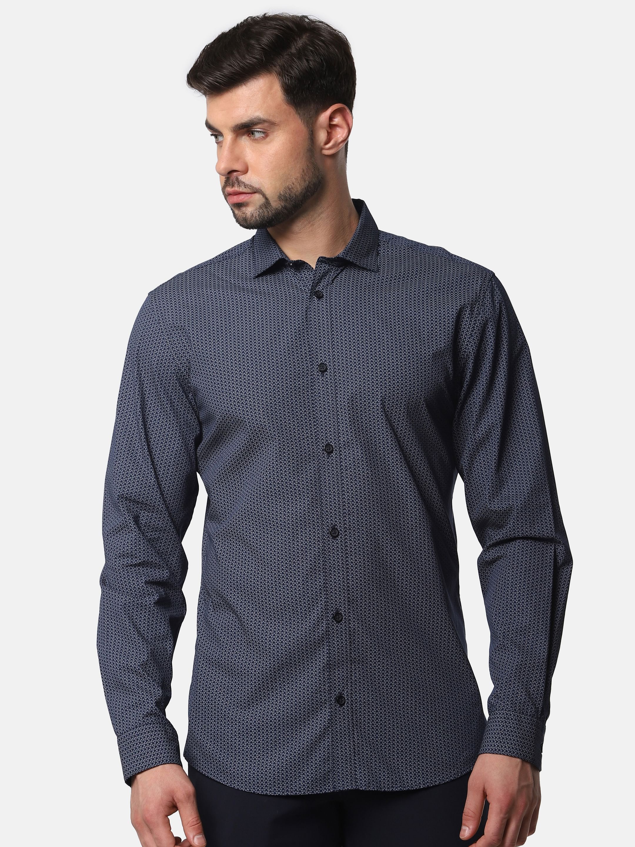 Navy Blue Printed Full Sleeves Shirt