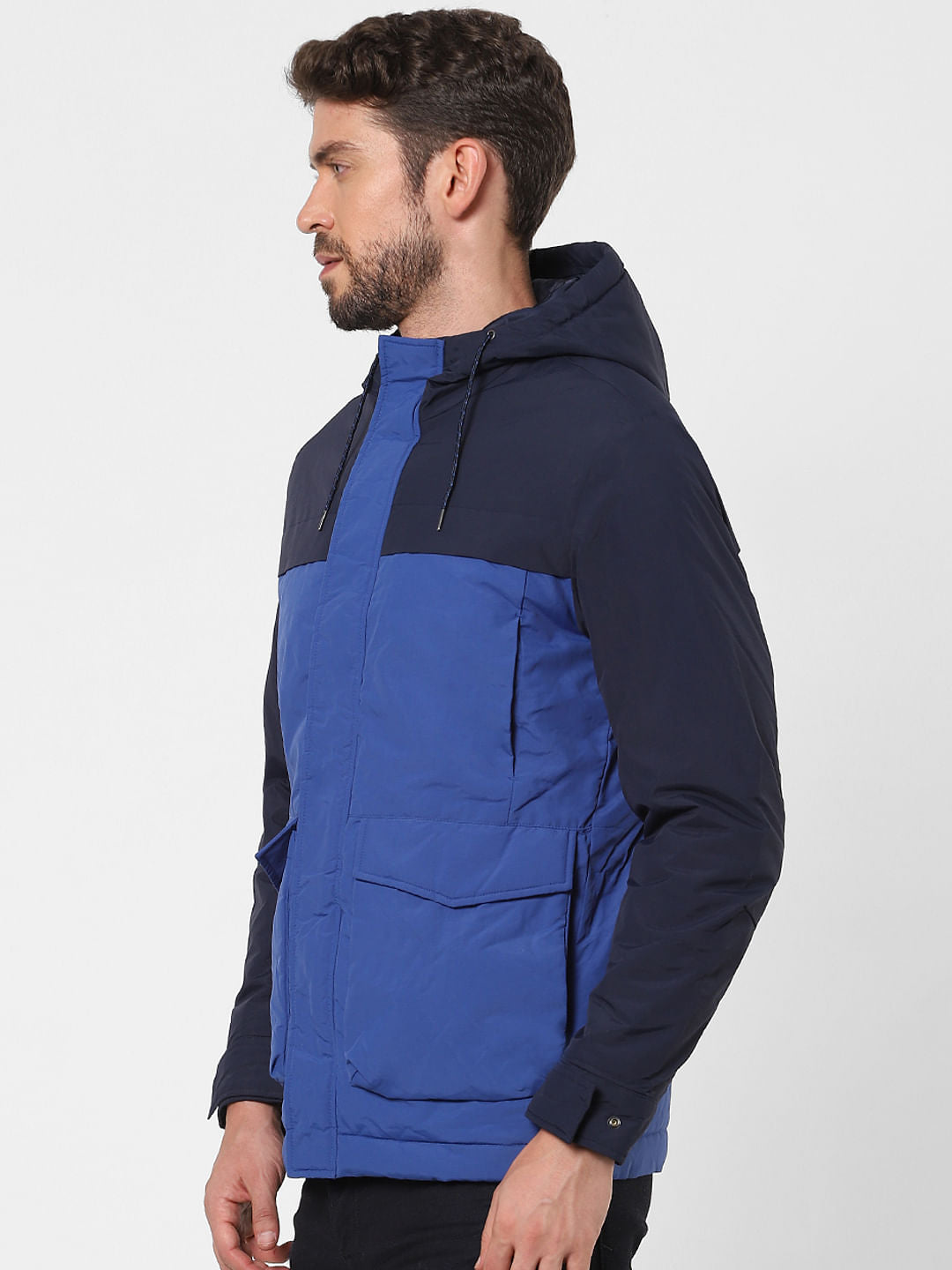 Blue Colourblocked Hooded Jacket