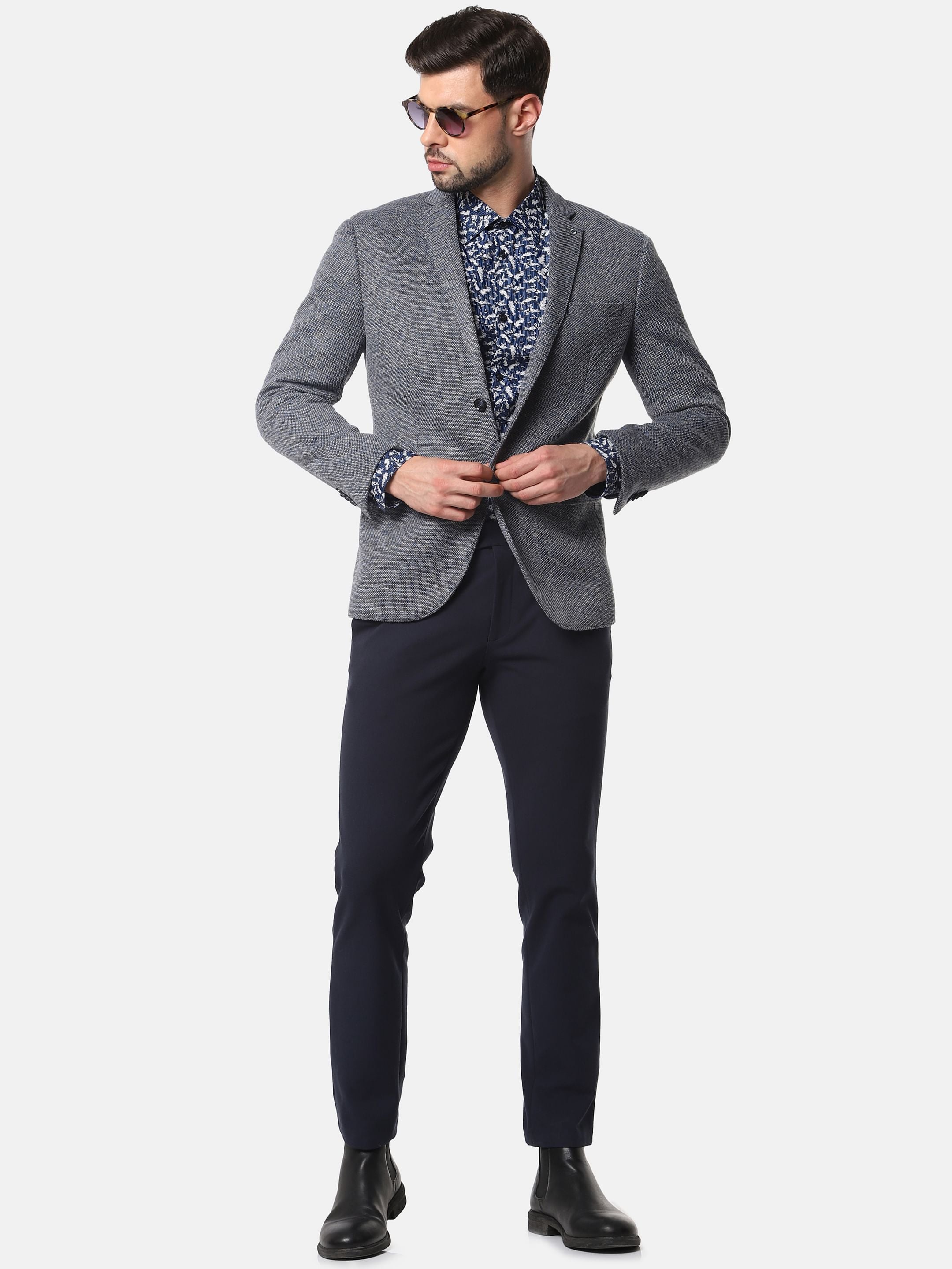 Grey Double Button Slim Fit Blazer
