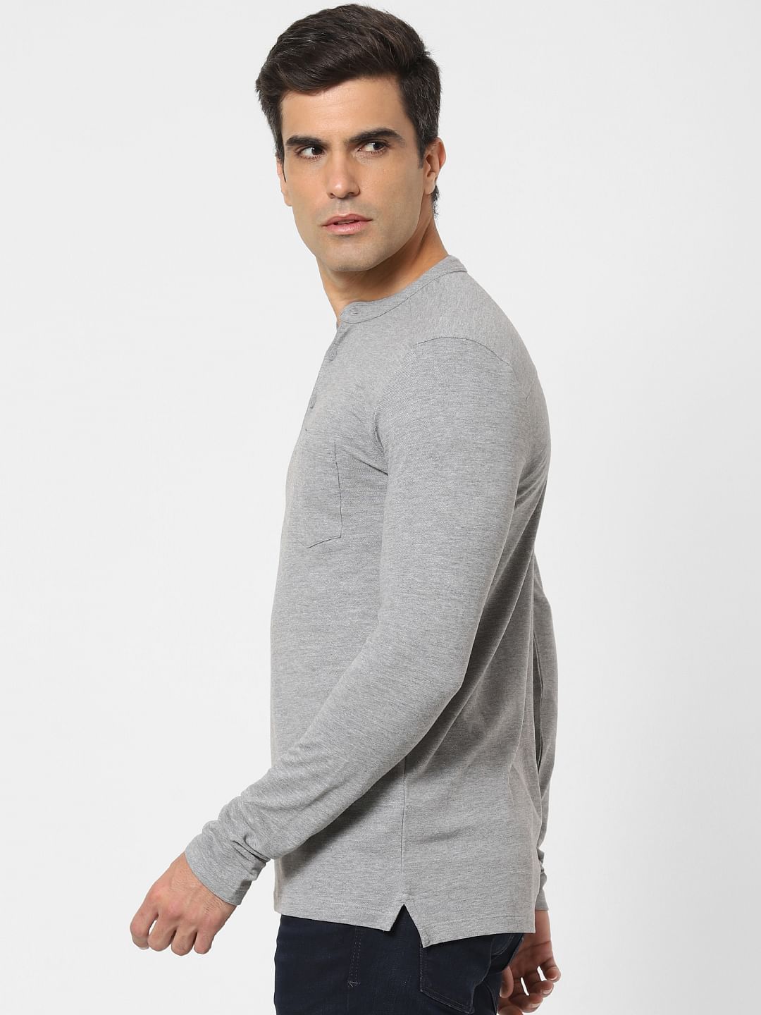 Light Grey Henley Neck Full Sleeves T-Shirt