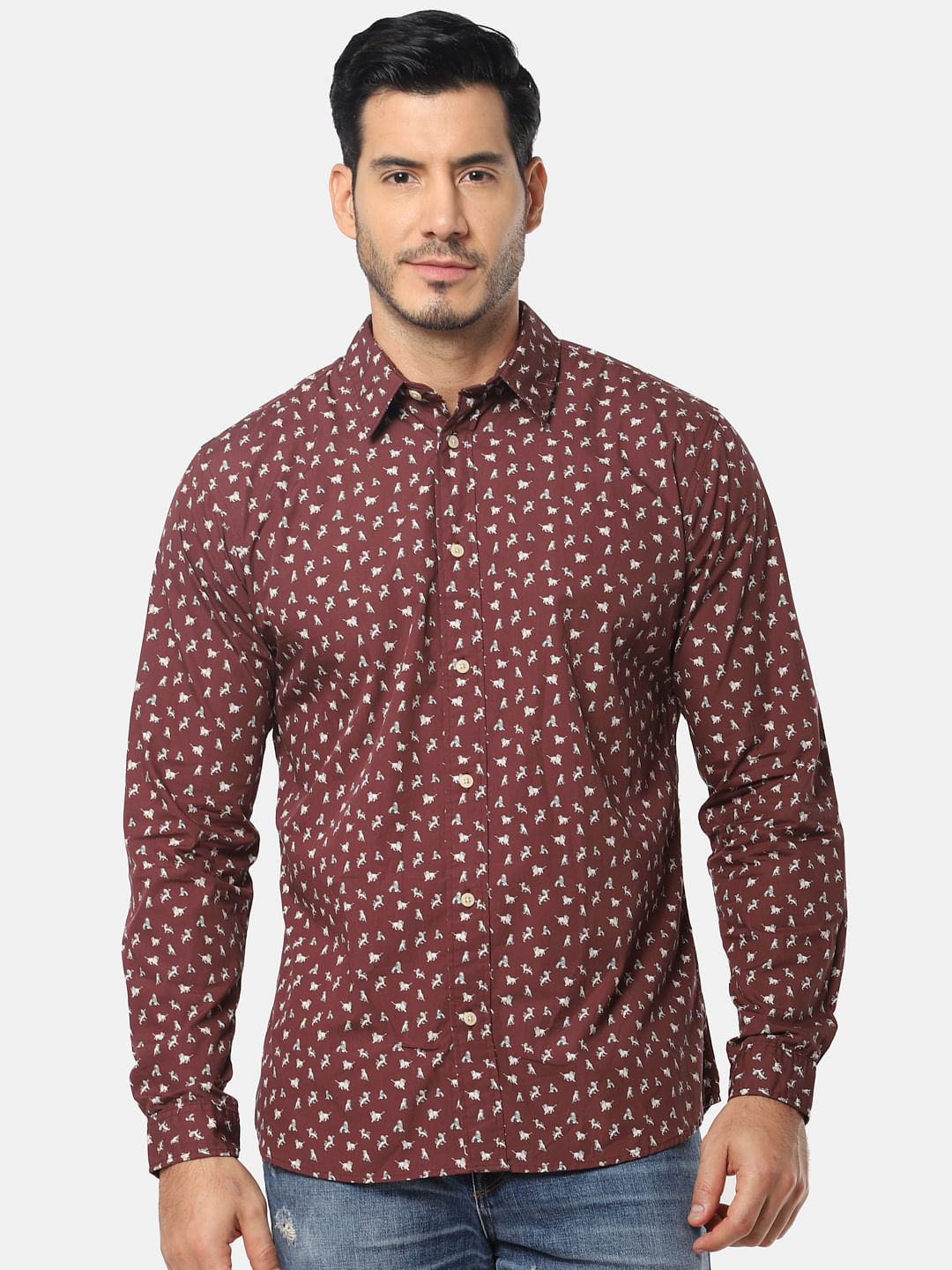 Burgundy All Over Print Full Sleeves Shirt