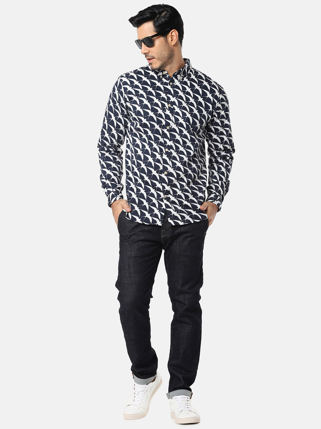 Navy Blue All Over Print Full Sleeves Shirt