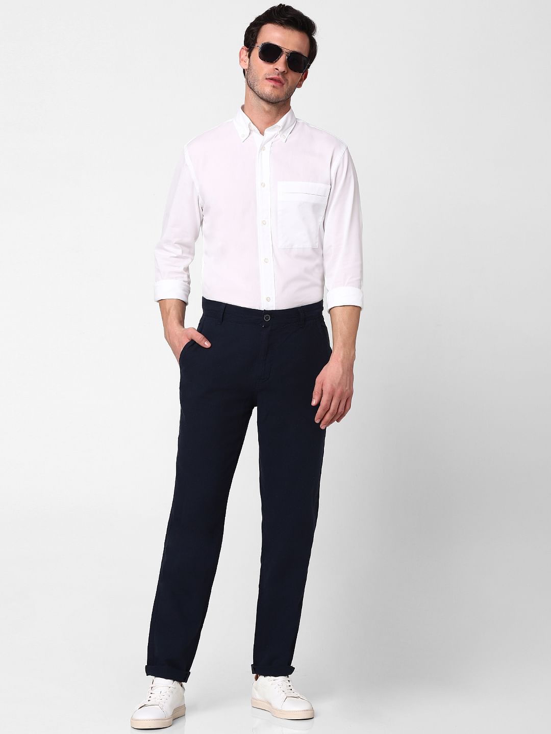 Dark Blue Mid Rise Straight Fit Trousers