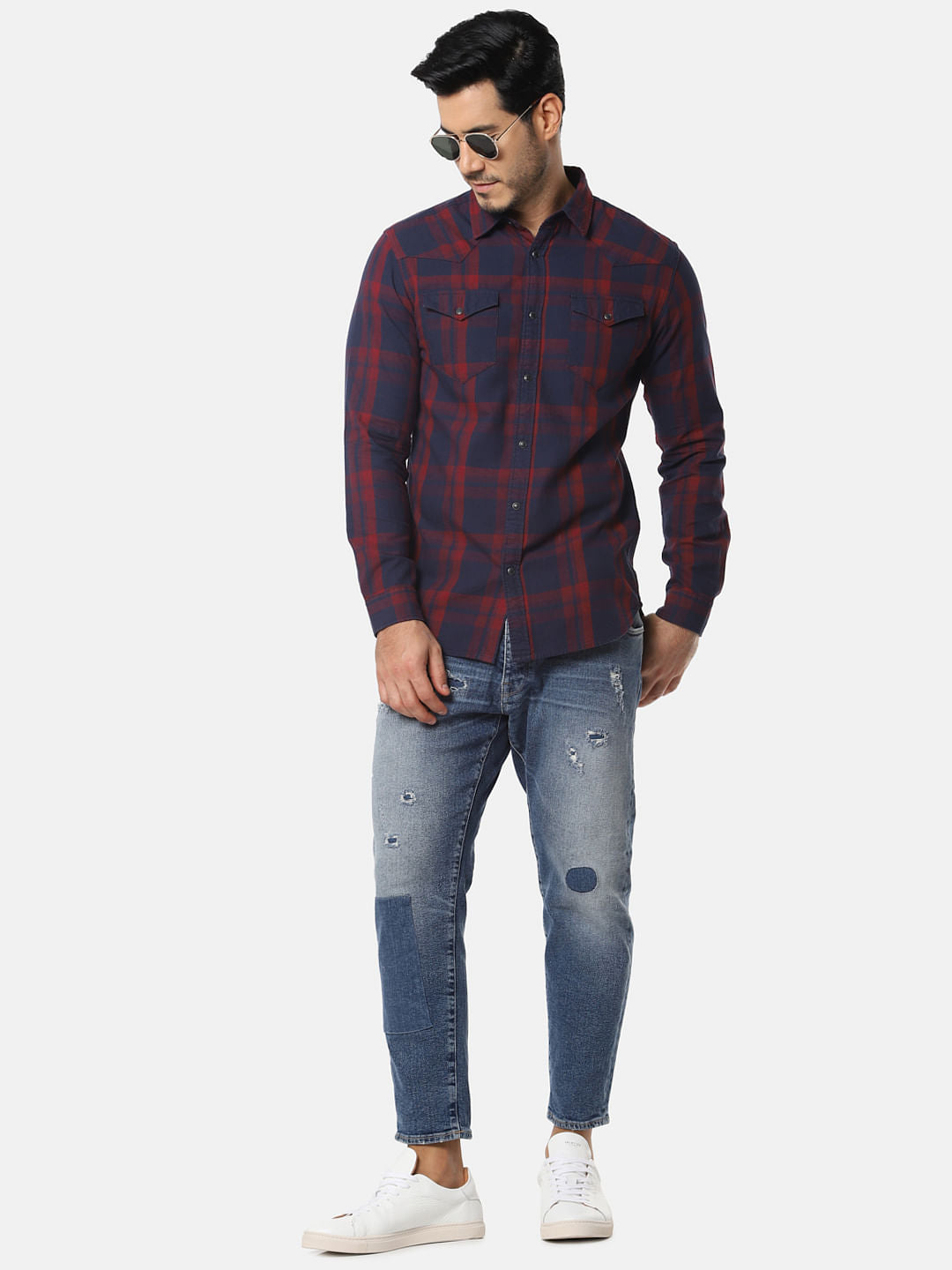 Navy Blue Check Full Sleeves Shirt