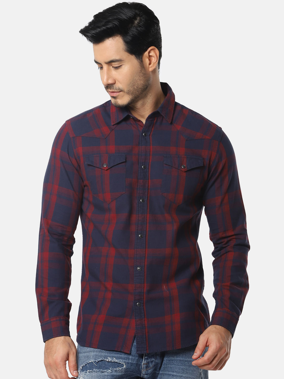 Navy Blue Check Full Sleeves Shirt