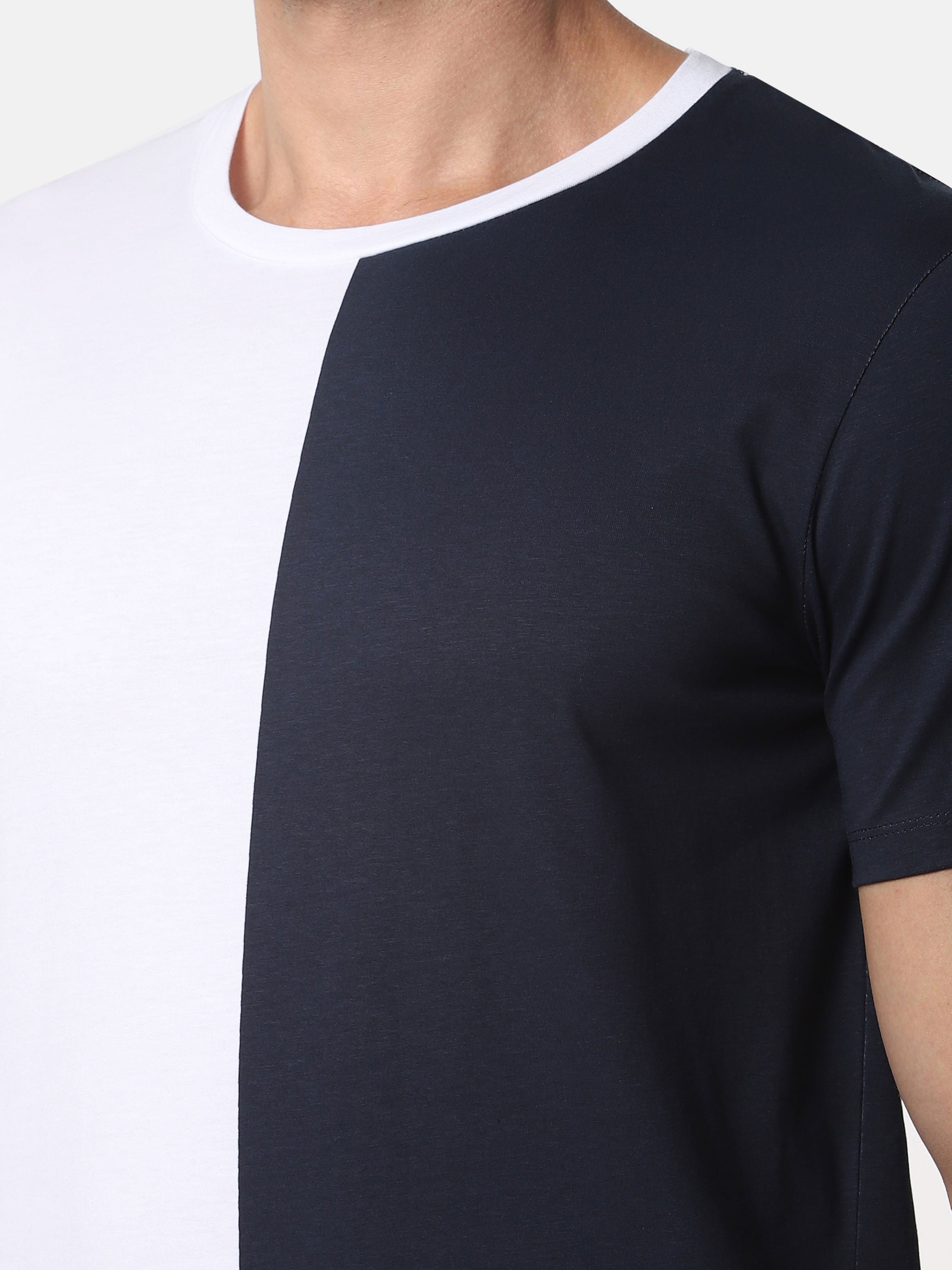 Navy Blue Colourblocked Crew Neck T-Shirt