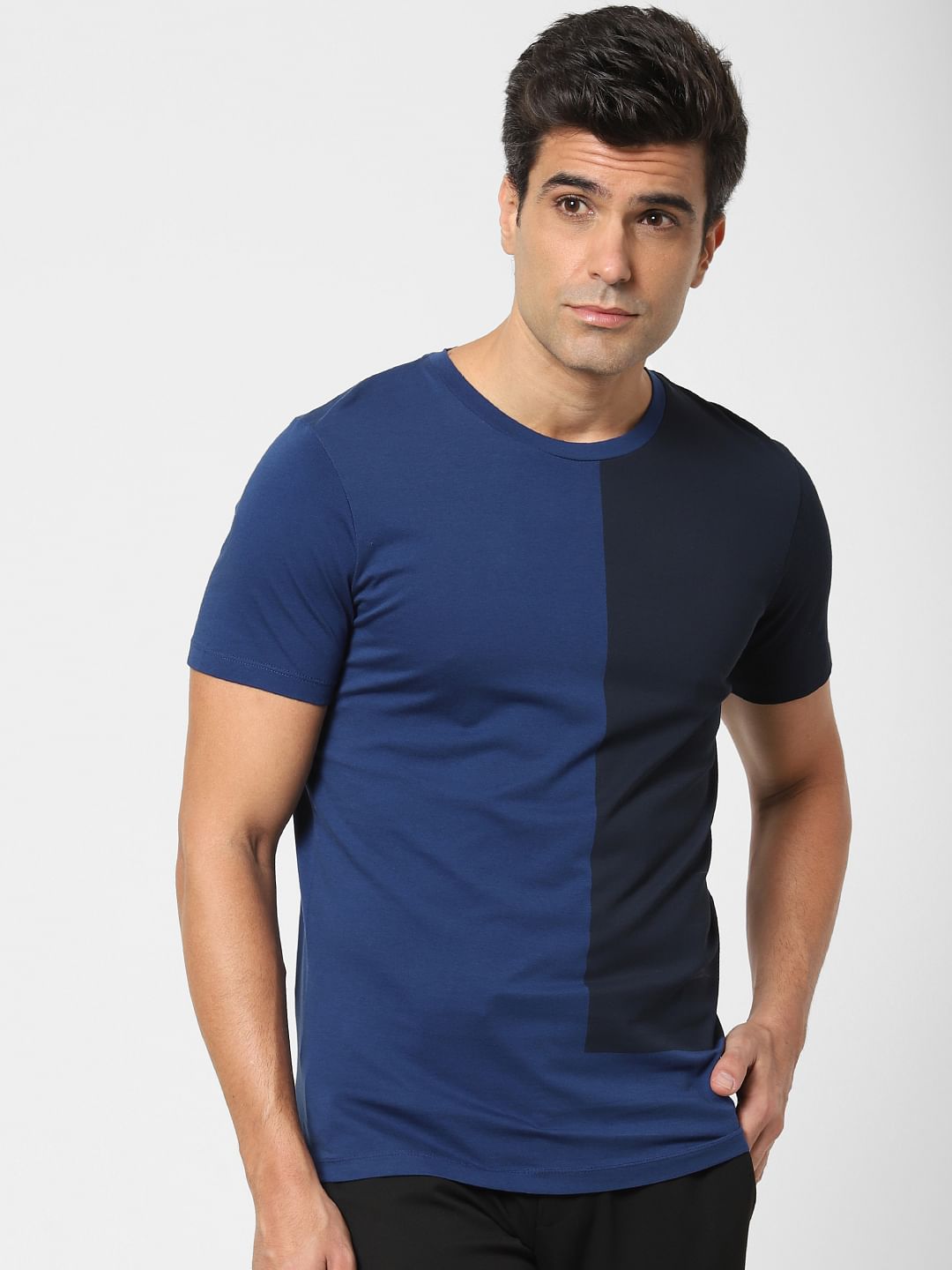 Blue Colourblocked Organic Cotton Crew Neck T-Shirt