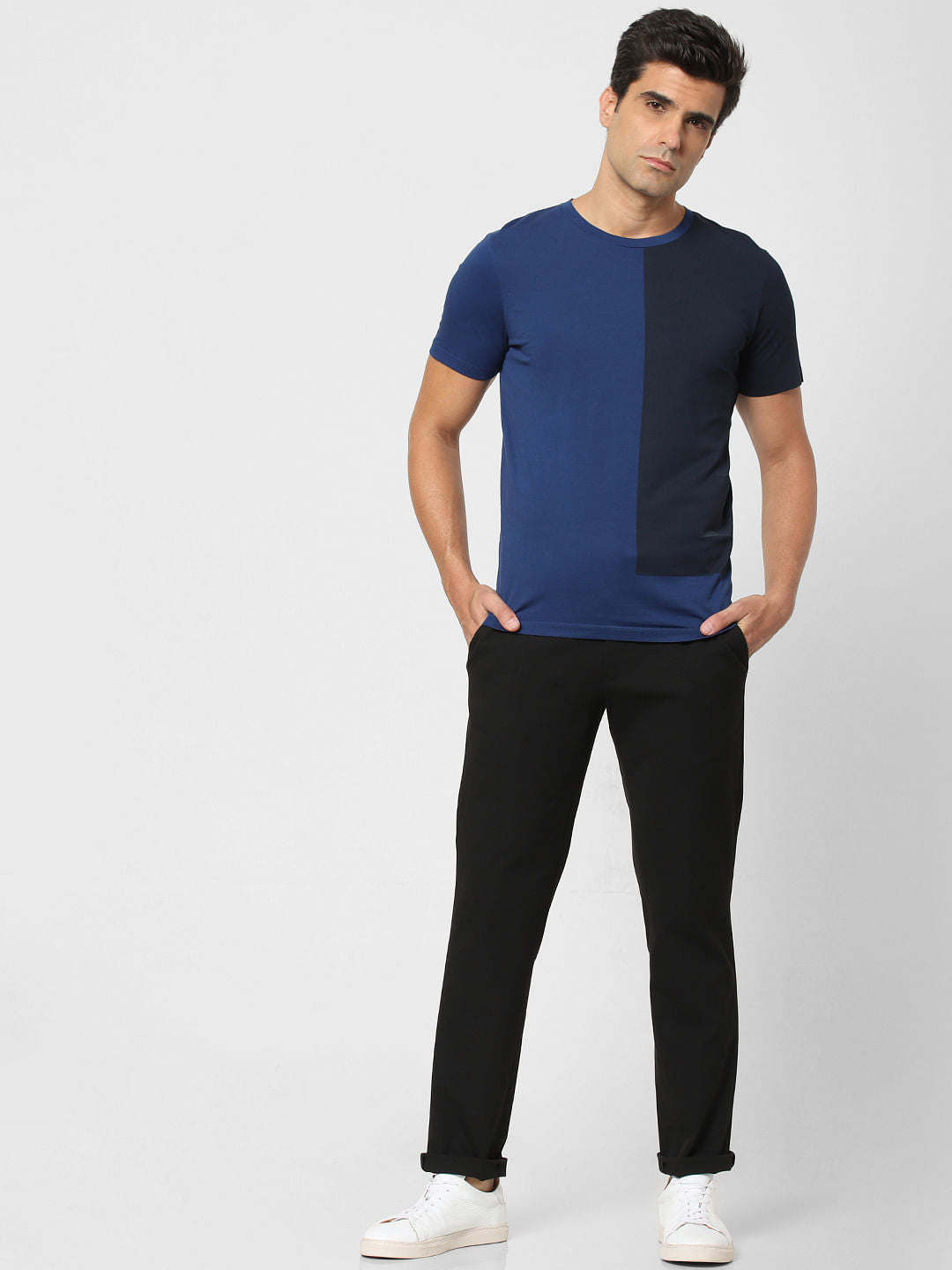 Blue Colourblocked Organic Cotton Crew Neck T-Shirt