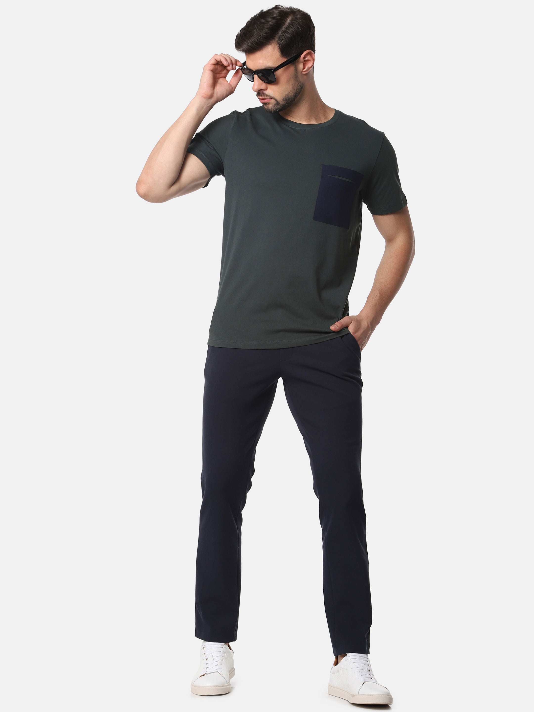 Olive Green Colourblocked Crew Neck T-Shirt