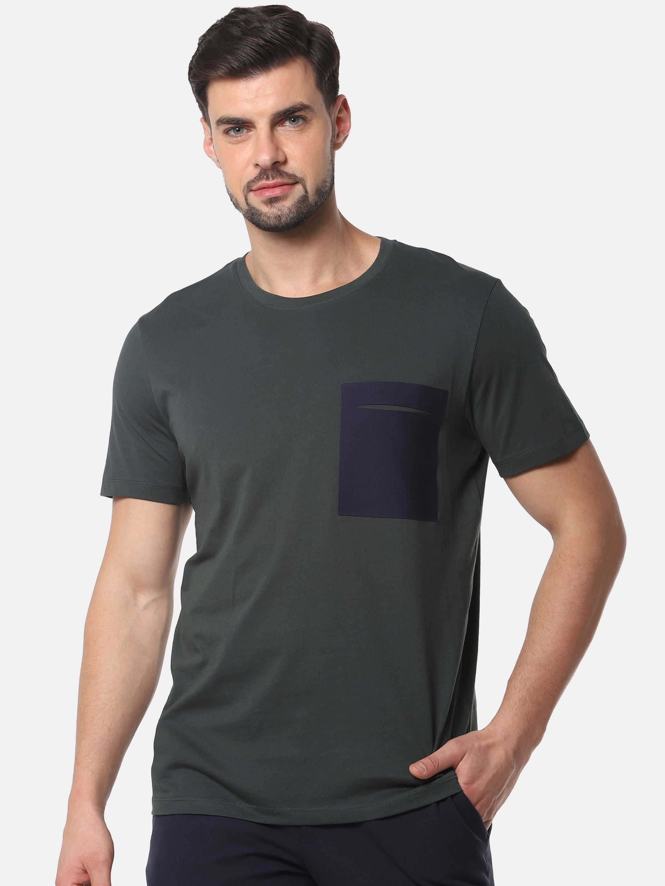 Olive Green Colourblocked Crew Neck T-Shirt