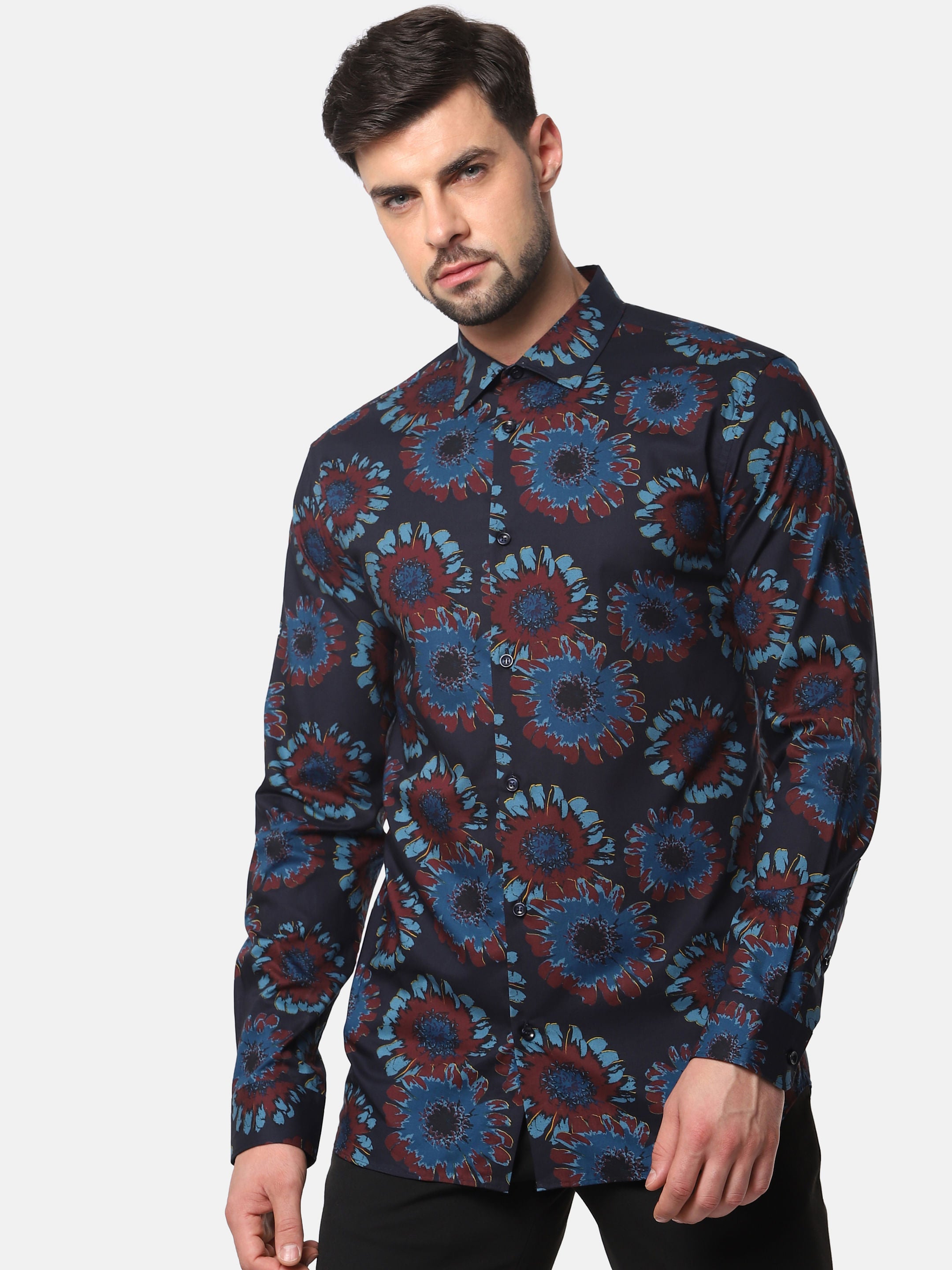Navy Blue Floral Print Full Sleeves Shirt