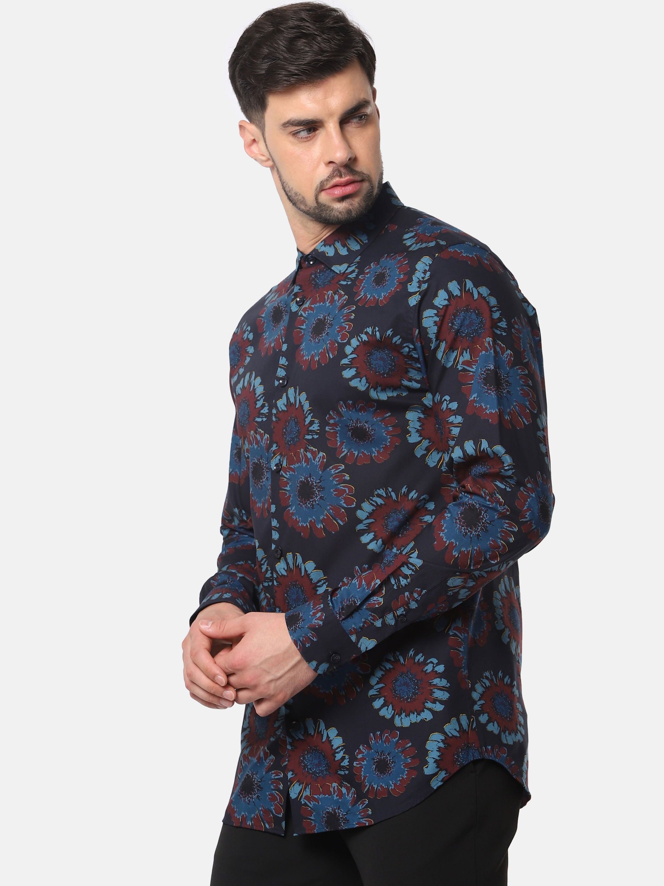 Navy Blue Floral Print Full Sleeves Shirt