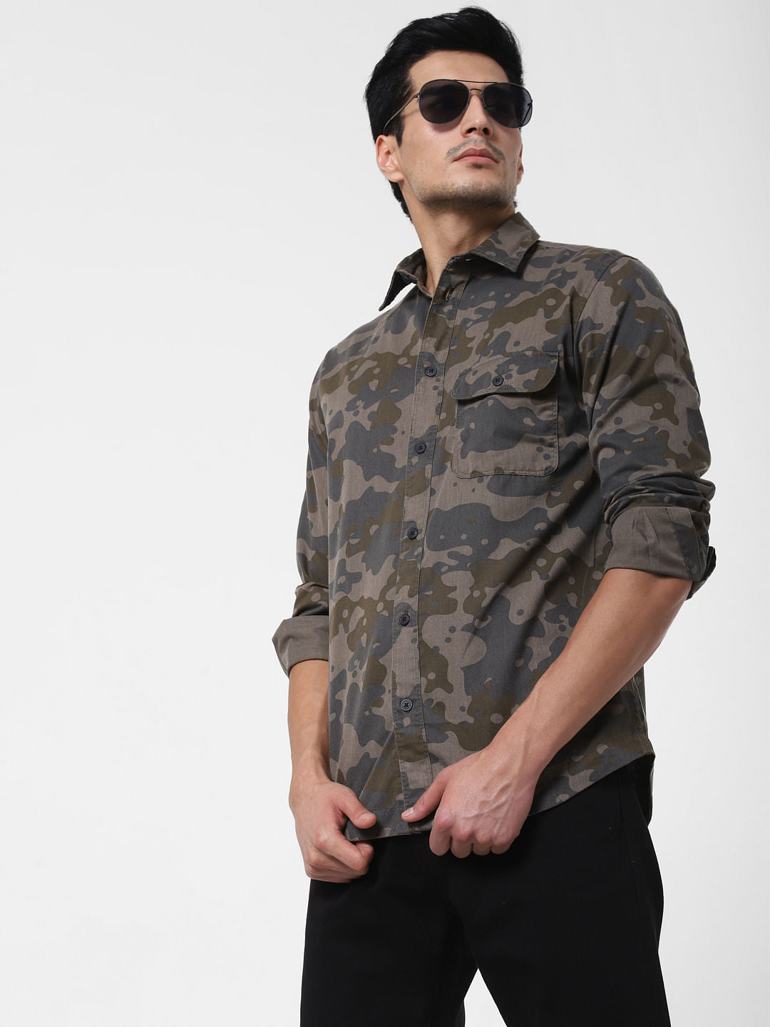 Olive Green Camo Full Sleeves Shirt