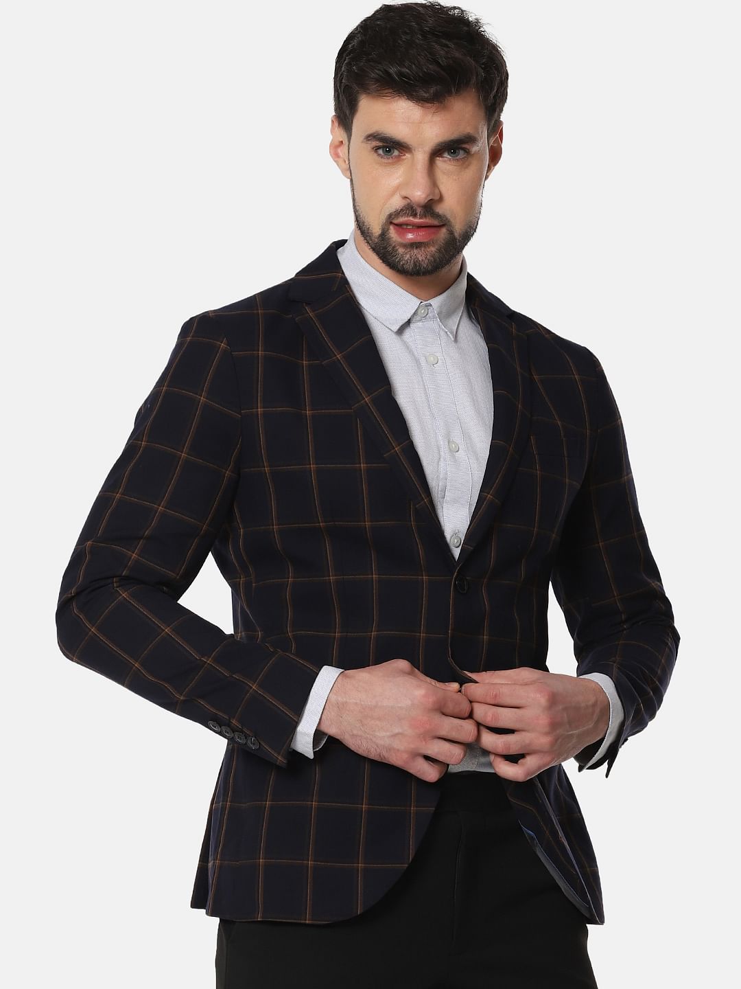 Navy Blue Check Slim Fit Blazer