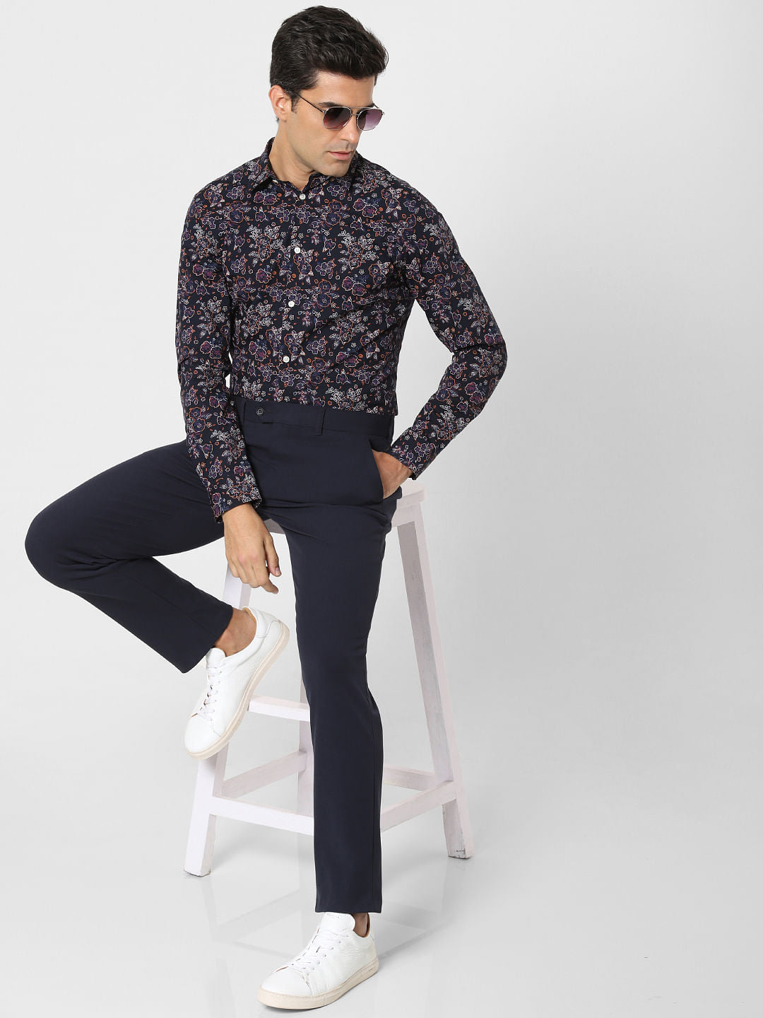 Navy Blue Floral Print Full Sleeves Shirt