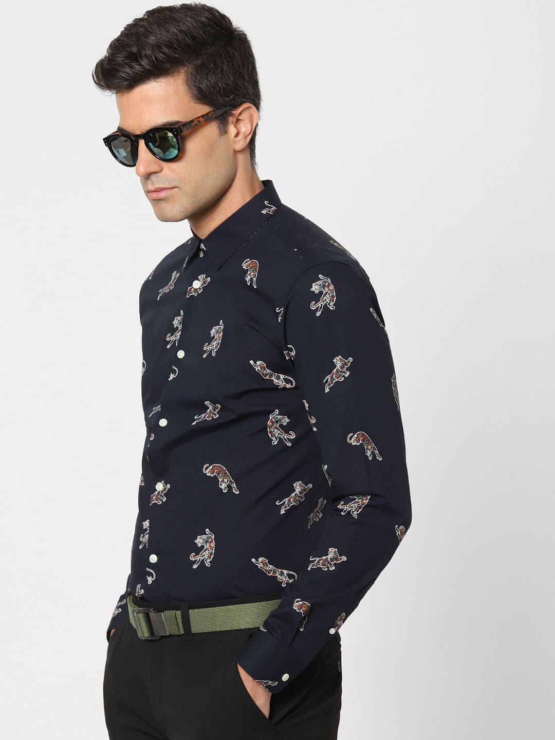 Navy Blue Animal Print Full Sleeves Shirt