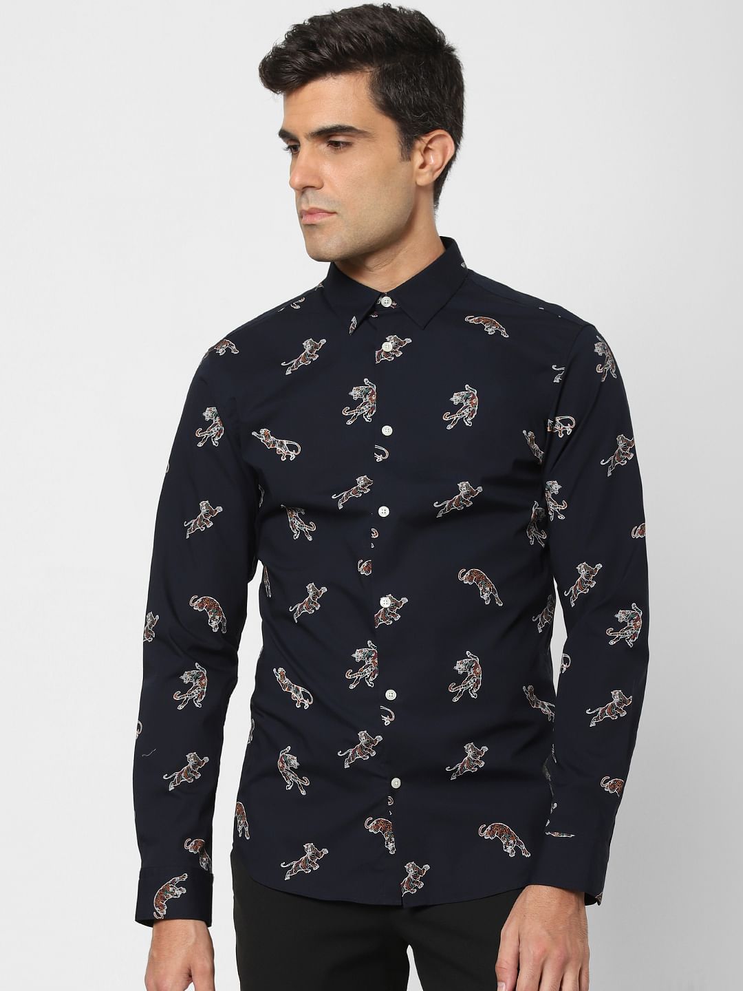 Navy Blue Animal Print Full Sleeves Shirt