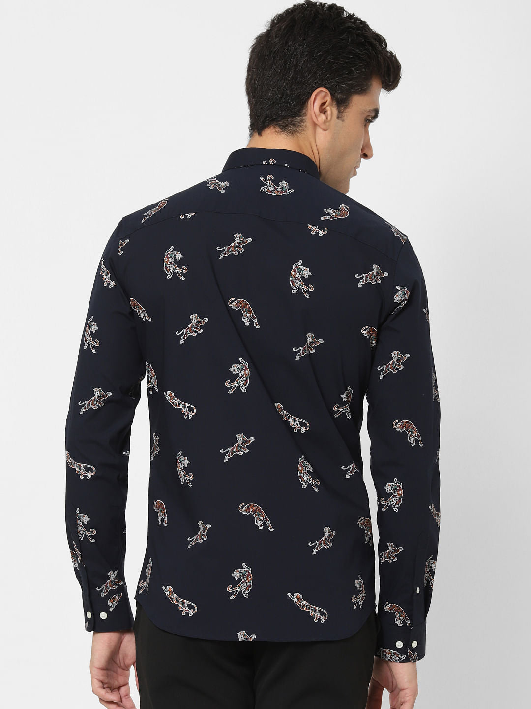 Navy Blue Animal Print Full Sleeves Shirt