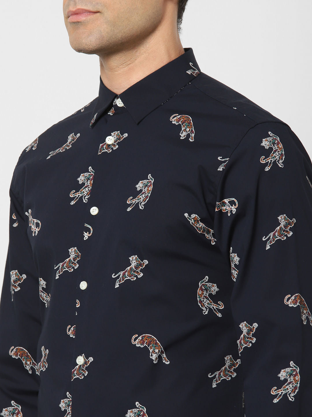 Navy Blue Animal Print Full Sleeves Shirt