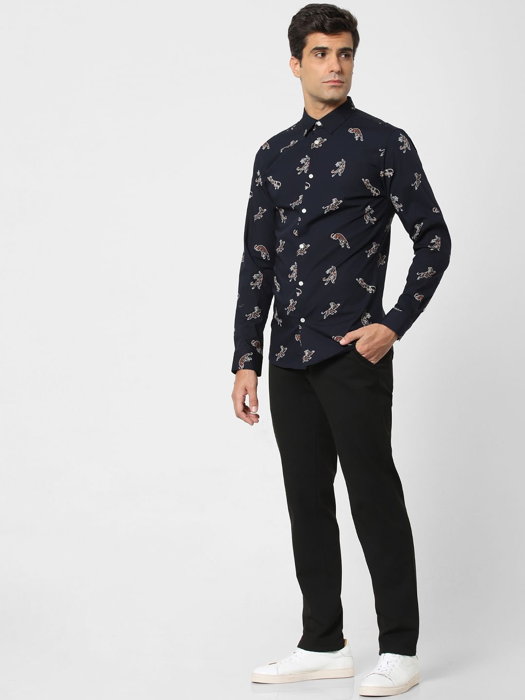 Navy Blue Animal Print Full Sleeves Shirt