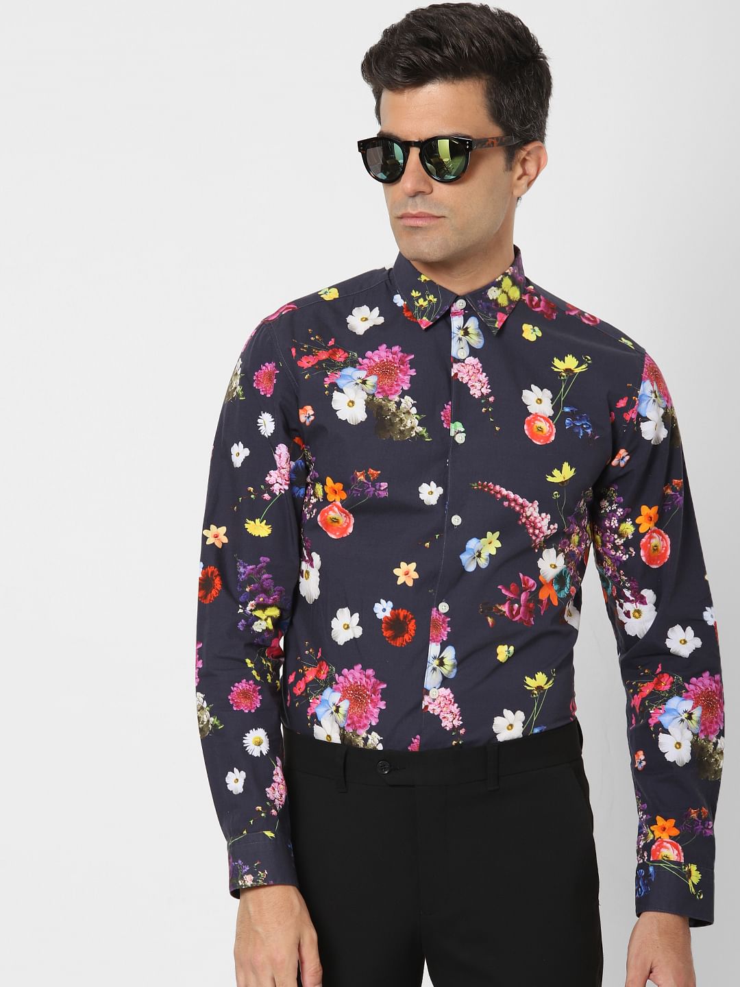 Navy Blue Floral Print Full Sleeves Shirt