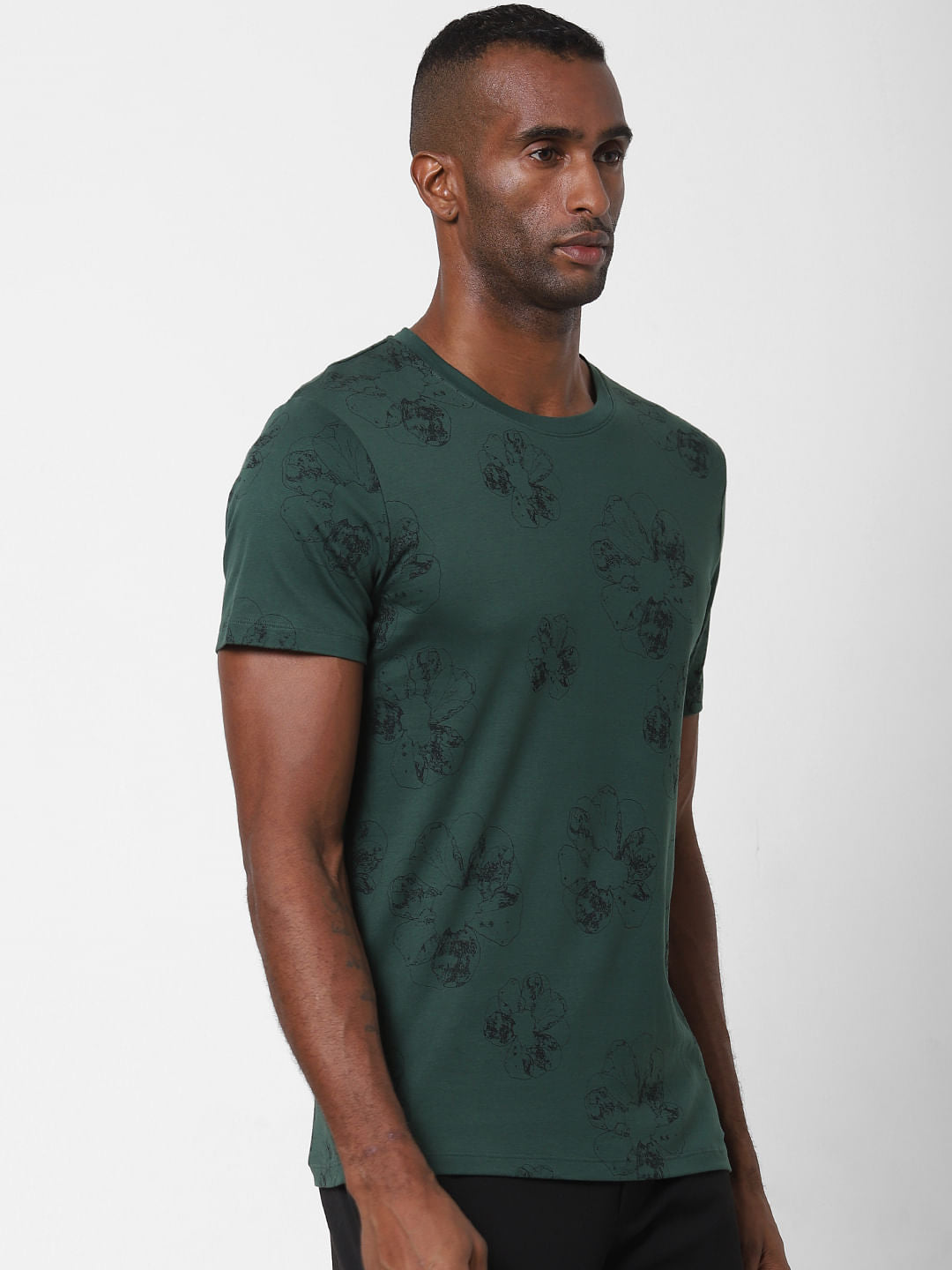 Green Floral Print Crew Neck T-Shirt
