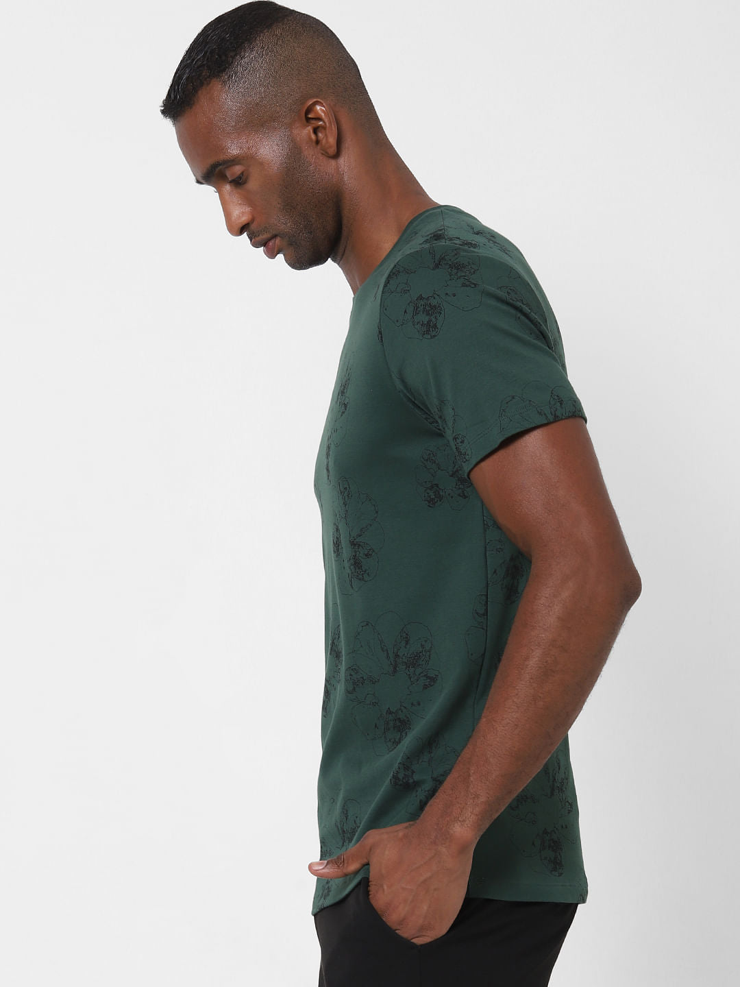 Green Floral Print Crew Neck T-Shirt