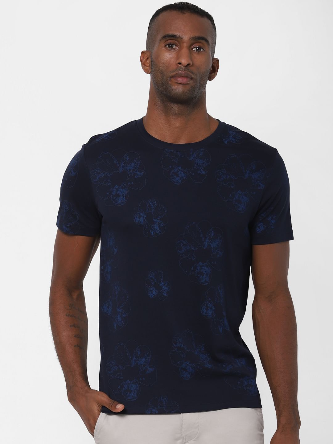 Navy Blue Floral Print Crew Neck T-Shirt