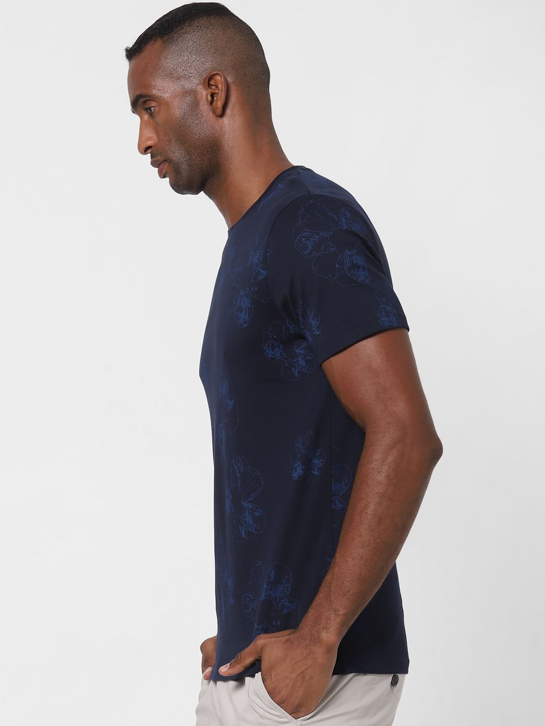 Navy Blue Floral Print Crew Neck T-Shirt
