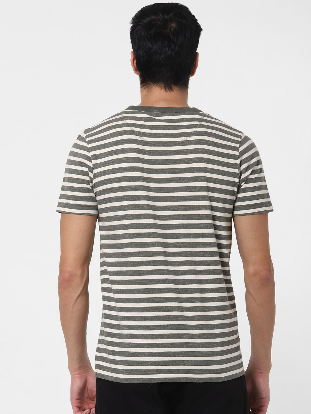 Grey Striped Crew Neck T-Shirt