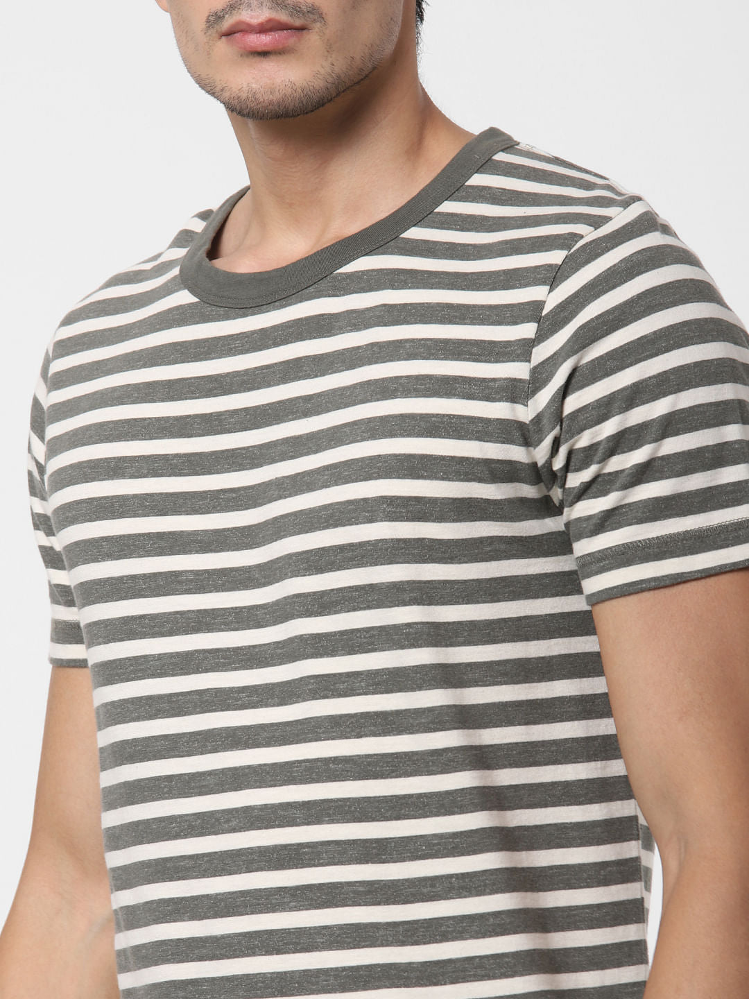 Grey Striped Crew Neck T-Shirt