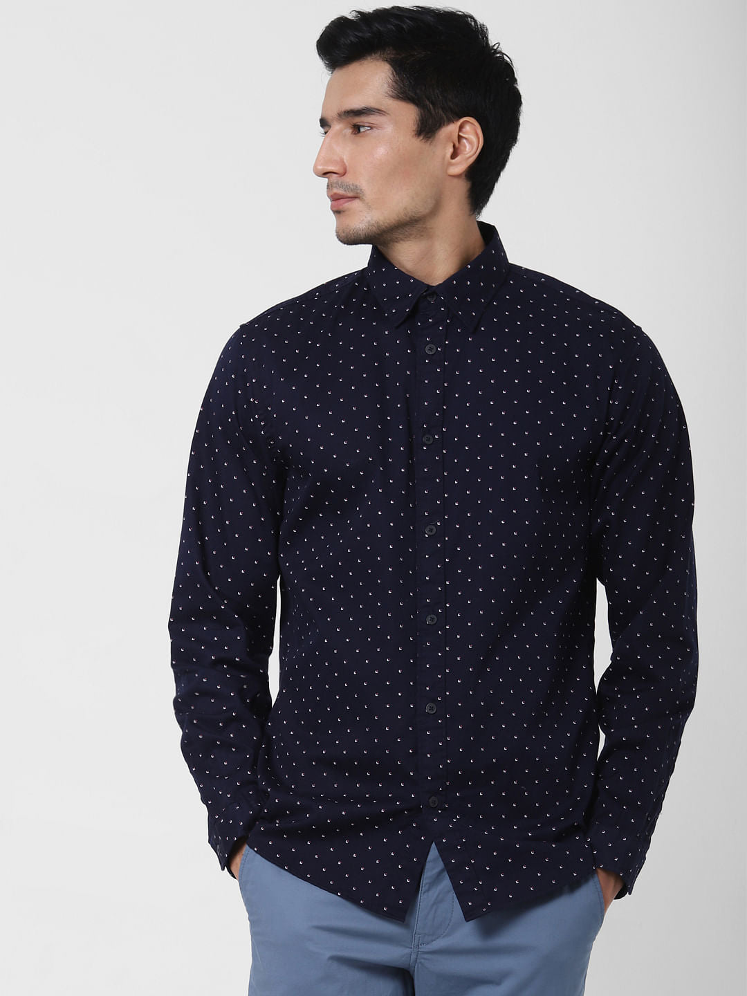Navy Blue All Over Print Full Sleeves Shirt
