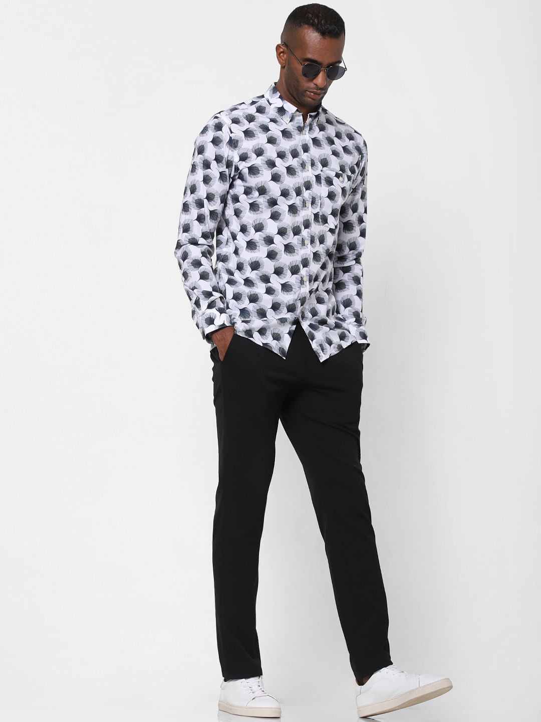 White Abstract Print Formal Shirt
