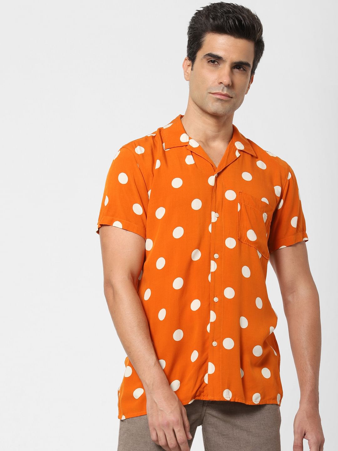 Orange Polka Dot Short Sleeves Shirt