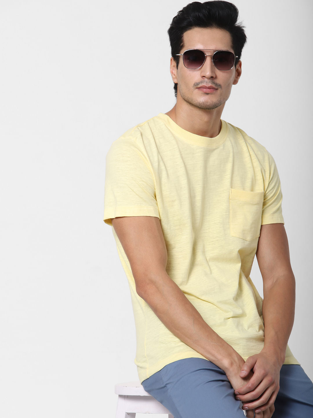 Yellow Chest Pocket Crew Neck T-Shirt