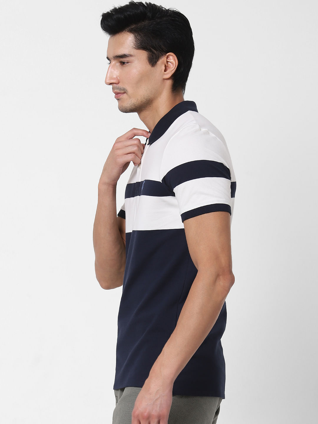 Navy Blue Colourblocked Polo Neck T-Shirt