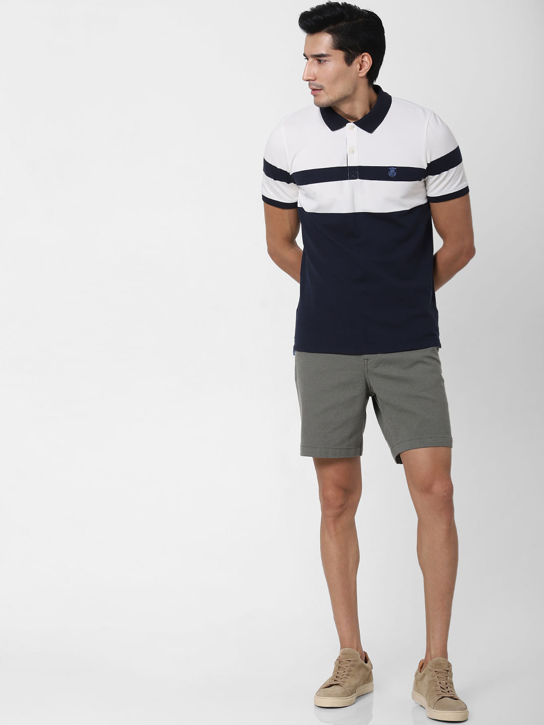 Navy Blue Colourblocked Polo Neck T-Shirt