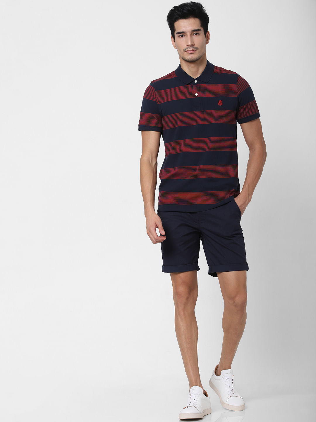Navy Blue Striped Polo Neck T-Shirt