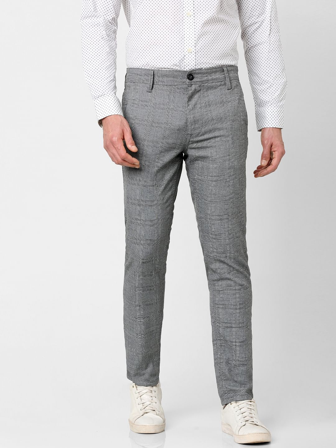 Grey Mid Rise Check Print Slim Fit Trousers