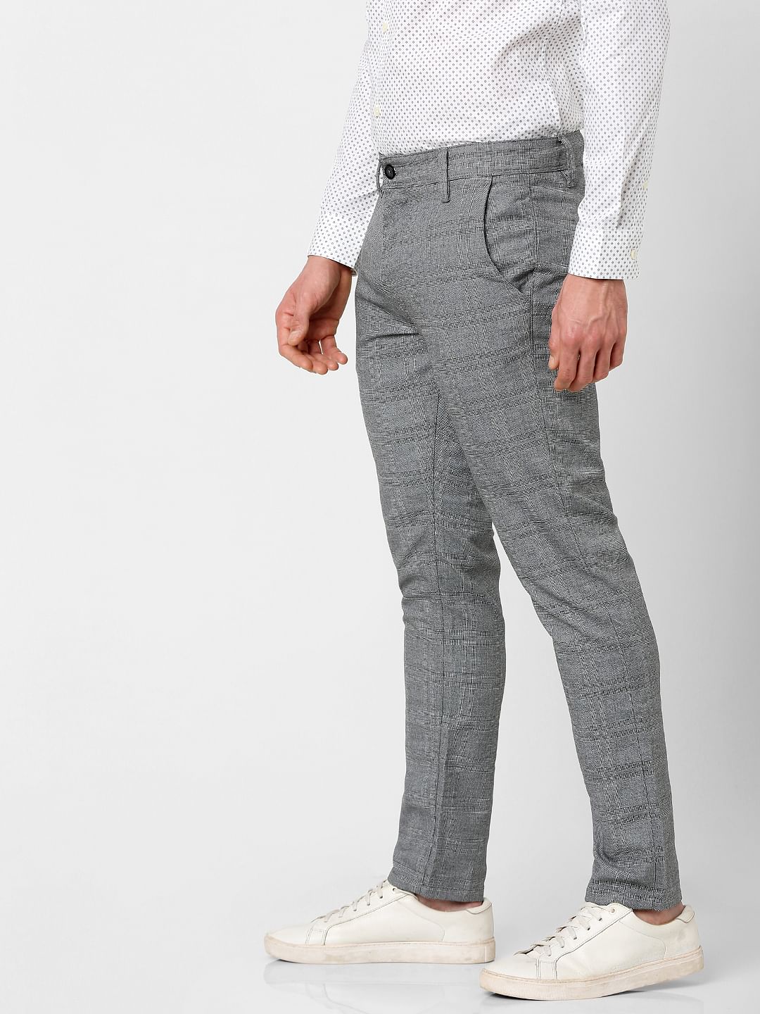 Grey Mid Rise Check Print Slim Fit Trousers