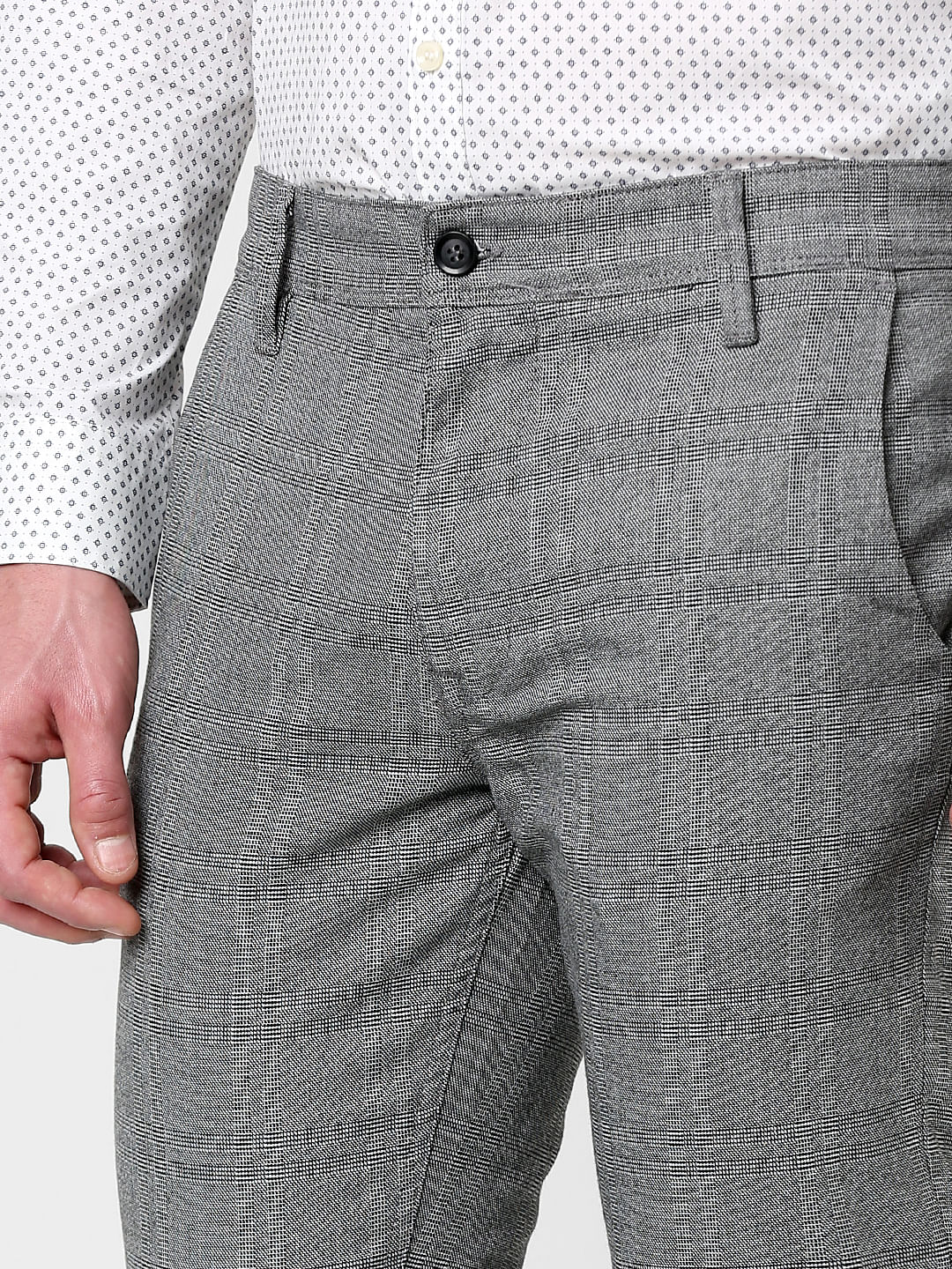 Grey Mid Rise Check Print Slim Fit Trousers