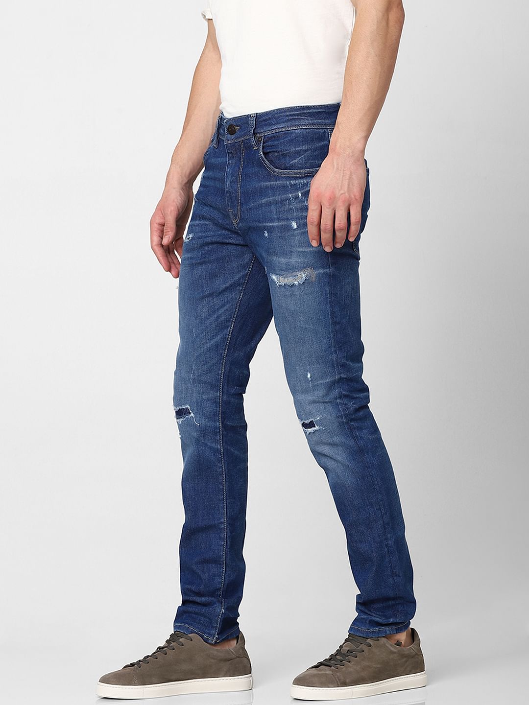 Blue Mid Rise Leon Slim Fit Ripped Jeans